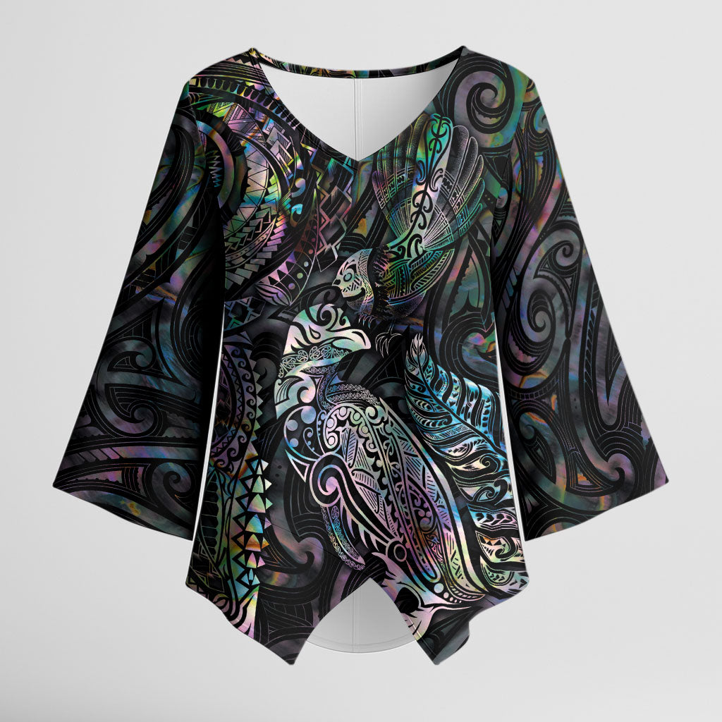 Aotearoa Moko Tribal Tattoo Kimono Sleeve Blouse New Zealand Maori Penguin and Fantail Paua Shell Style LT03 Female Multicolor - Polynesian Pride