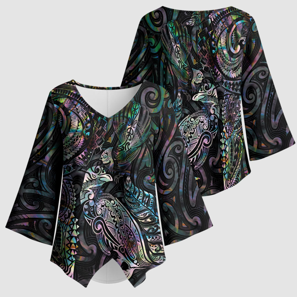 Aotearoa Moko Tribal Tattoo Kimono Sleeve Blouse New Zealand Maori Penguin and Fantail Paua Shell Style LT03 - Polynesian Pride
