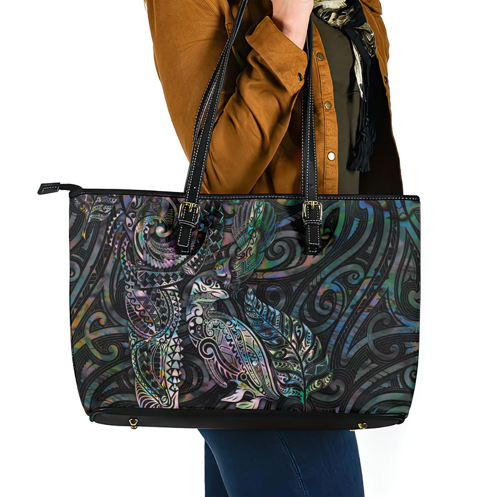 Aotearoa Moko Tribal Tattoo Leather Tote Bag New Zealand Maori Penguin and Fantail Paua Shell Style LT03 - Polynesian Pride
