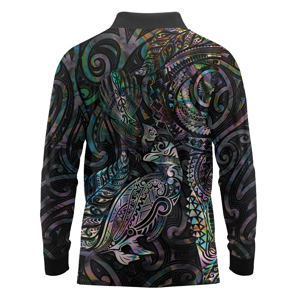 Aotearoa Moko Tribal Tattoo Long Sleeve Polo Shirt New Zealand Maori Penguin and Fantail Paua Shell Style LT03 - Polynesian Pride