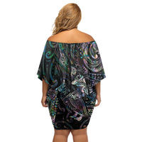 Aotearoa Moko Tribal Tattoo Off Shoulder Short Dress New Zealand Maori Penguin and Fantail Paua Shell Style LT03 - Polynesian Pride