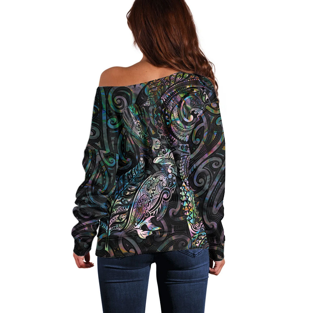 Aotearoa Moko Tribal Tattoo Off Shoulder Sweater New Zealand Maori Penguin and Fantail Paua Shell Style LT03 - Polynesian Pride