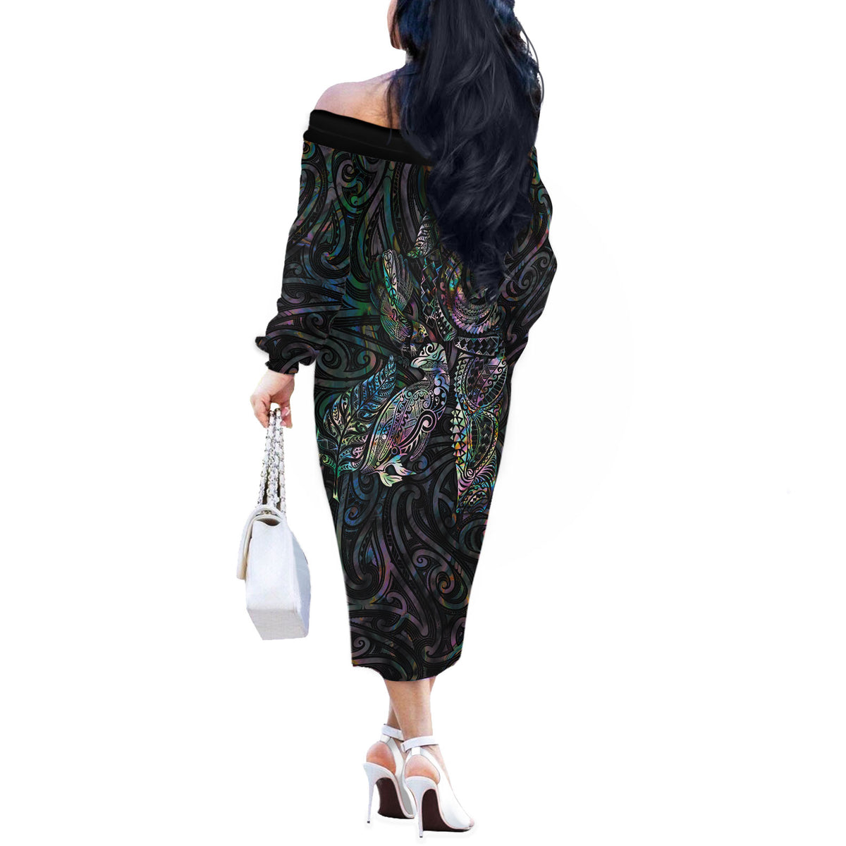 Aotearoa Moko Tribal Tattoo Off The Shoulder Long Sleeve Dress New Zealand Maori Penguin and Fantail Paua Shell Style LT03 - Polynesian Pride