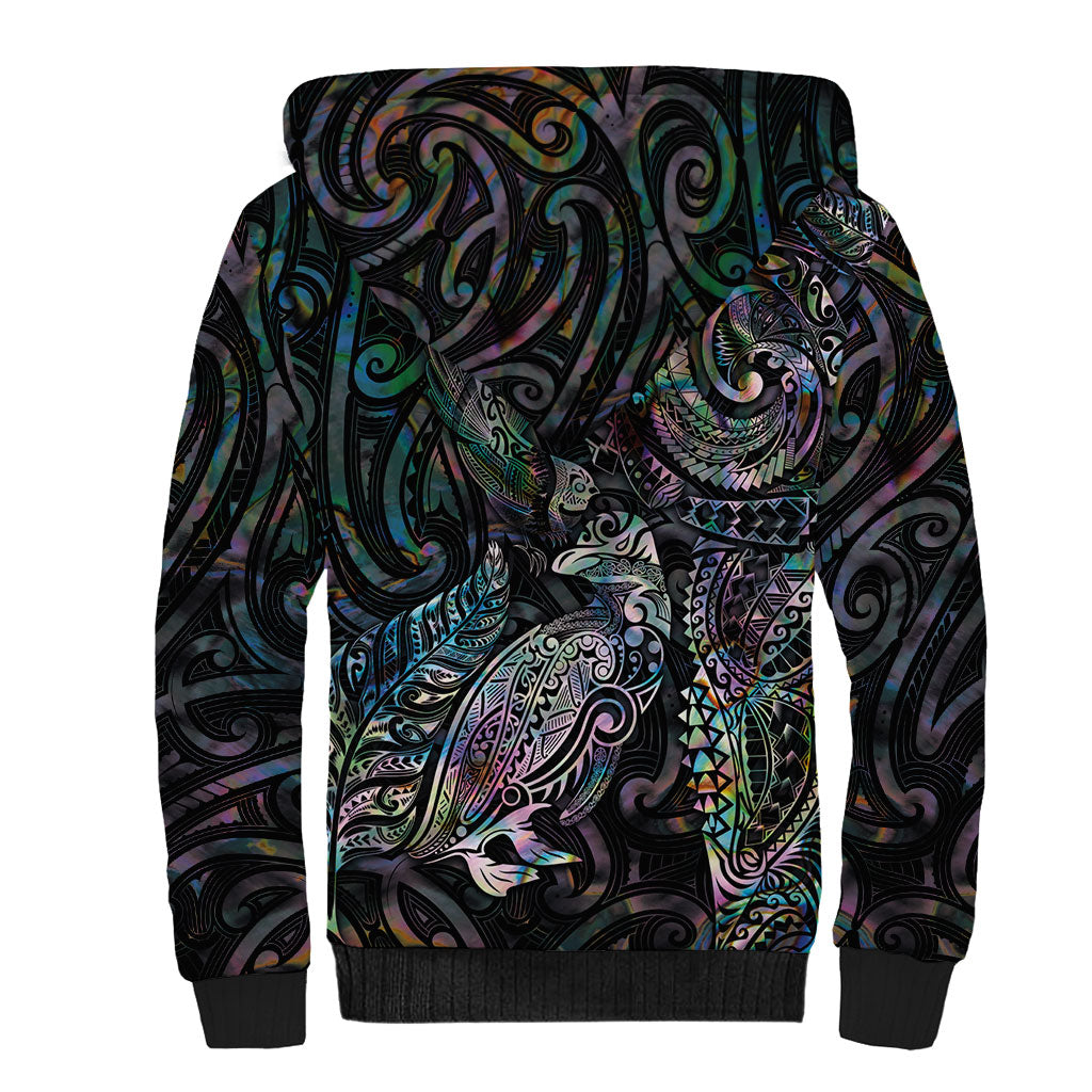 Aotearoa Moko Tribal Tattoo Sherpa Hoodie New Zealand Maori Penguin and Fantail Paua Shell Style