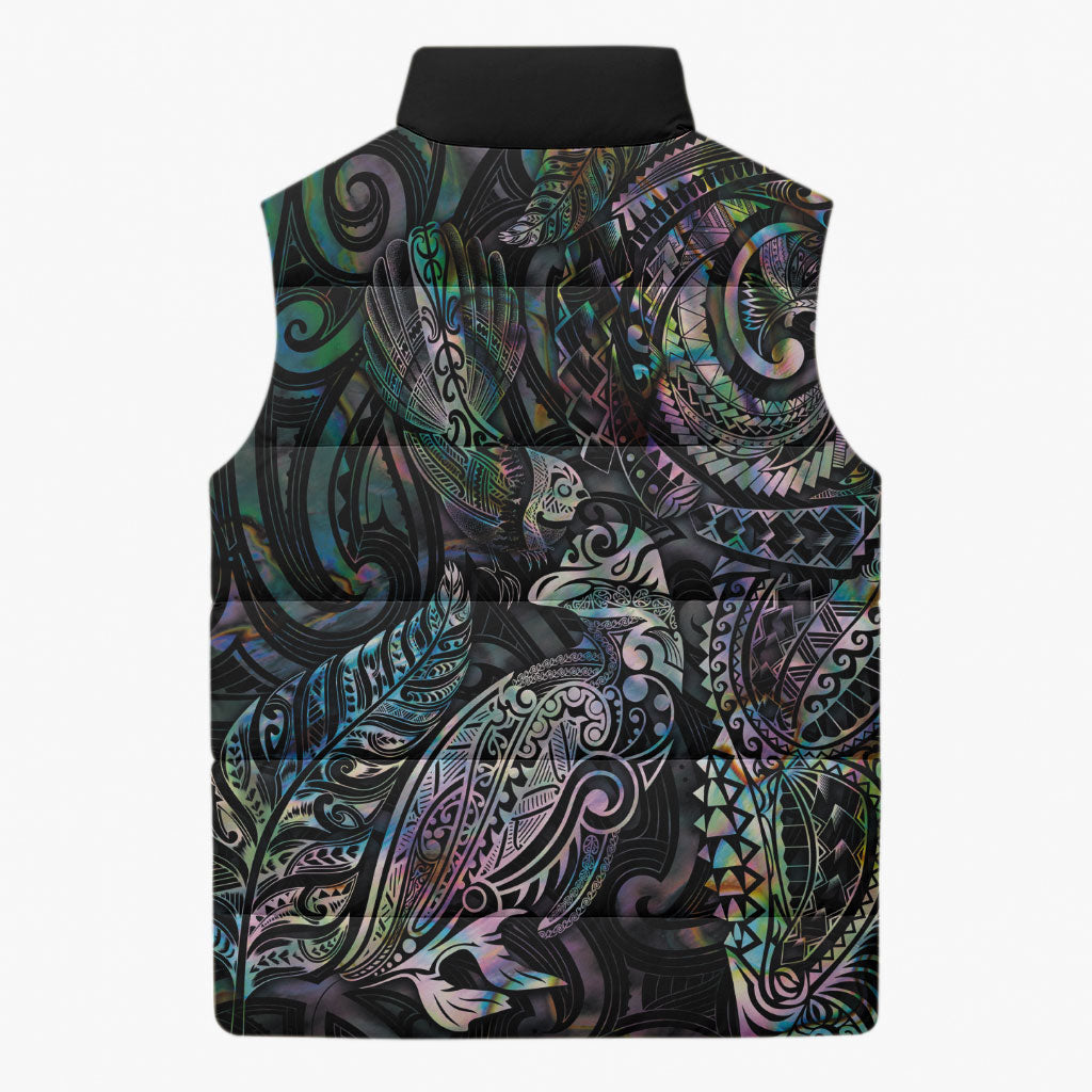 Aotearoa Moko Tribal Tattoo Sleeveless Puffer Jacket New Zealand Maori Penguin and Fantail Paua Shell Style LT03 - Polynesian Pride