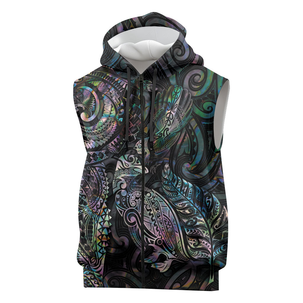 Aotearoa Moko Tribal Tattoo Sleeveless Zip Hoodie New Zealand Maori Penguin and Fantail Paua Shell Style LT03 Multicolor - Polynesian Pride
