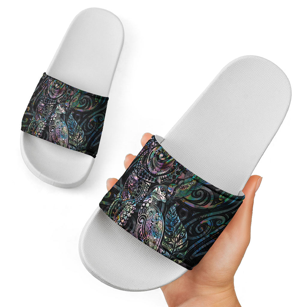 Aotearoa Moko Tribal Tattoo Slide Sandals New Zealand Maori Penguin and Fantail Paua Shell Style LT03 - Polynesian Pride