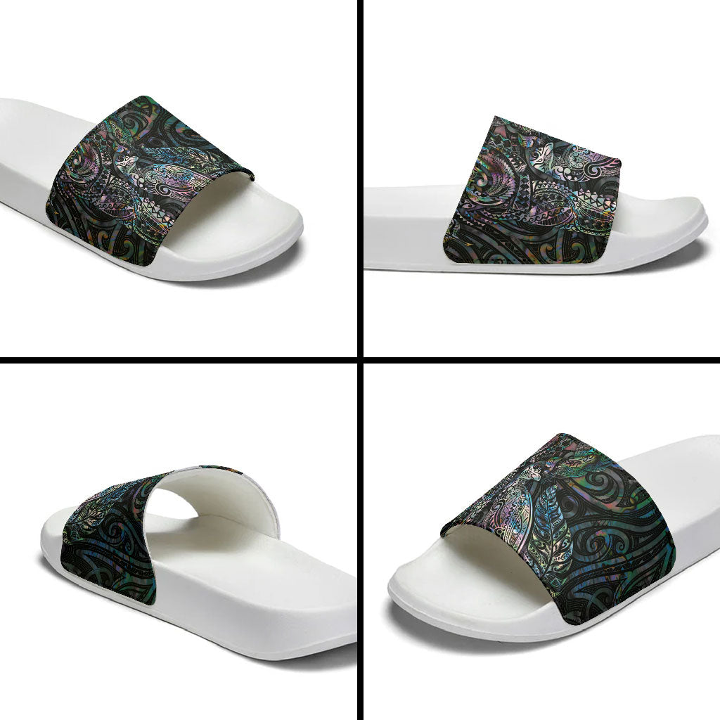Aotearoa Moko Tribal Tattoo Slide Sandals New Zealand Maori Penguin and Fantail Paua Shell Style LT03 - Polynesian Pride