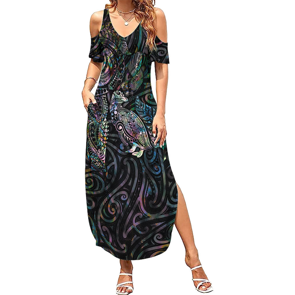 Aotearoa Moko Tribal Tattoo Summer Maxi Dress New Zealand Maori Penguin and Fantail Paua Shell Style LT03 Women Multicolor - Polynesian Pride
