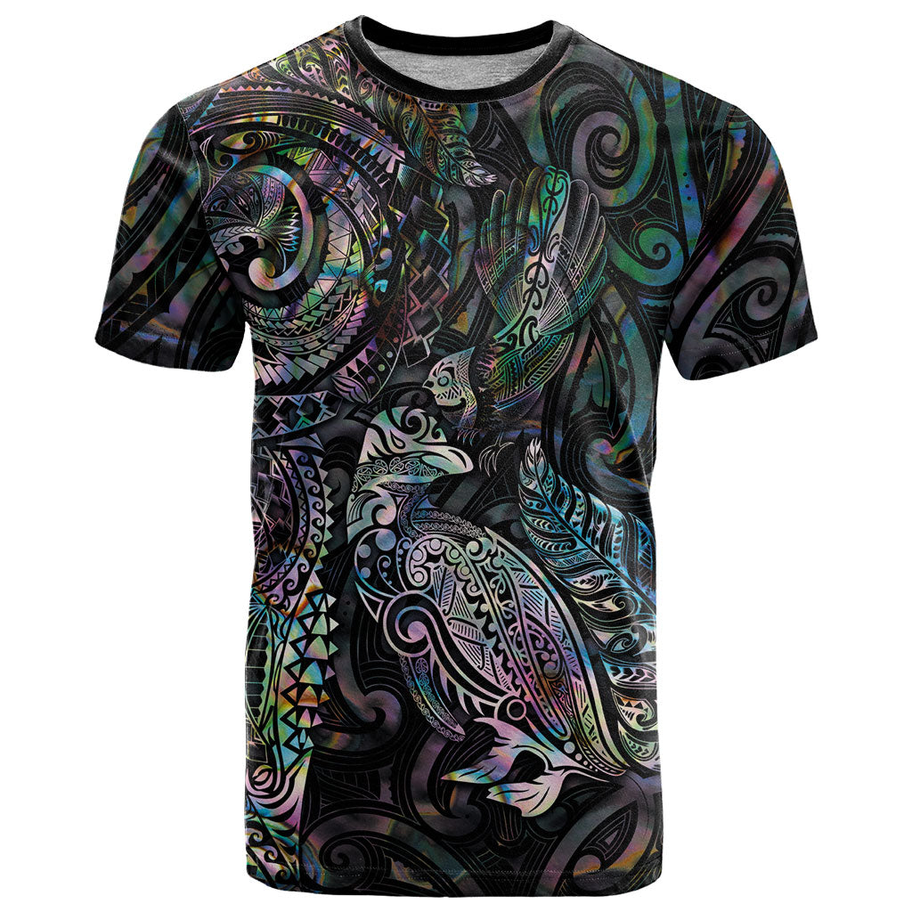 Aotearoa Moko Tribal Tattoo T Shirt New Zealand Maori Penguin and Fantail Paua Shell Style LT03 Multicolor - Polynesian Pride