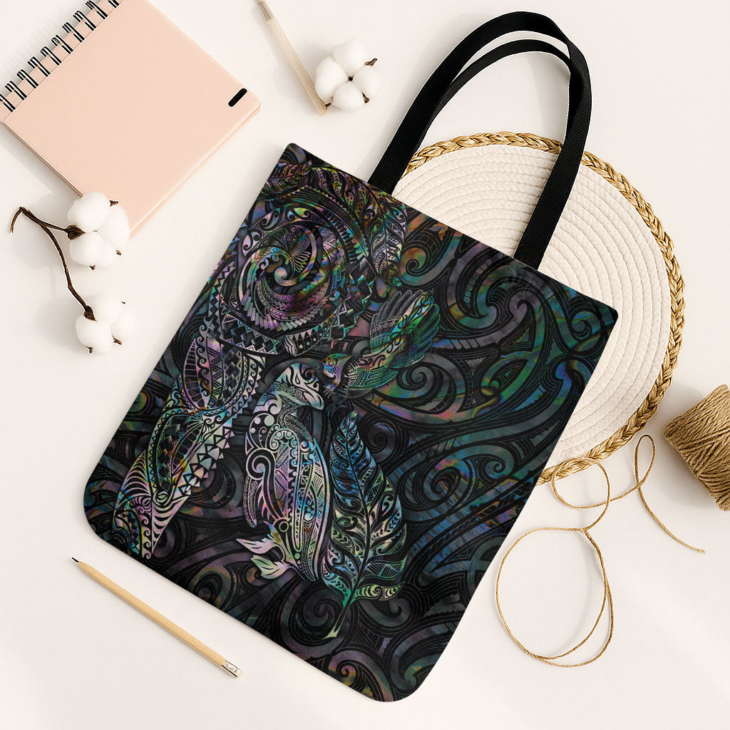 Aotearoa Moko Tribal Tattoo Tote Bag New Zealand Maori Penguin and Fantail Paua Shell Style LT03 Black Strap One Size Multicolor - Polynesian Pride