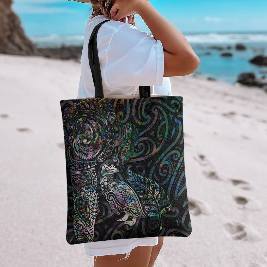 Aotearoa Moko Tribal Tattoo Tote Bag New Zealand Maori Penguin and Fantail Paua Shell Style LT03 - Polynesian Pride