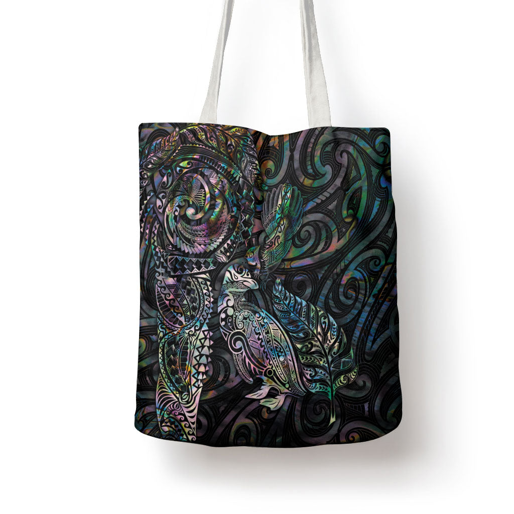 Aotearoa Moko Tribal Tattoo Tote Bag New Zealand Maori Penguin and Fantail Paua Shell Style LT03 - Polynesian Pride