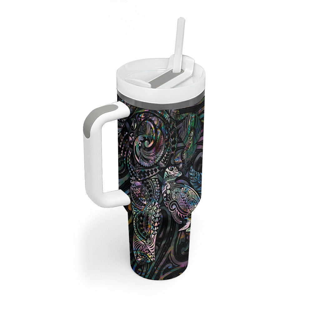 Aotearoa Moko Tribal Tattoo Tumbler With Handle New Zealand Maori Penguin and Fantail Paua Shell Style LT03 - Polynesian Pride