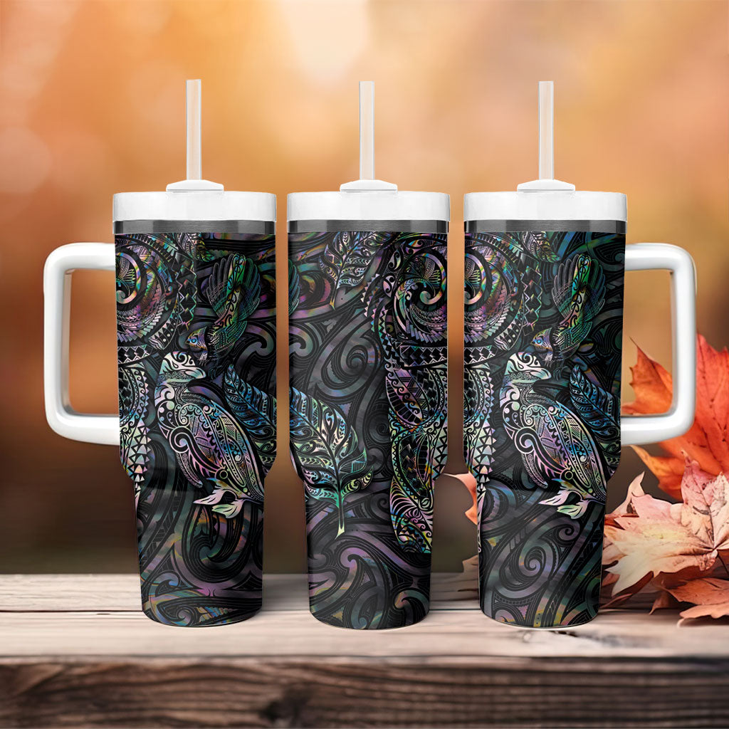 Aotearoa Moko Tribal Tattoo Tumbler With Handle New Zealand Maori Penguin and Fantail Paua Shell Style LT03 - Polynesian Pride