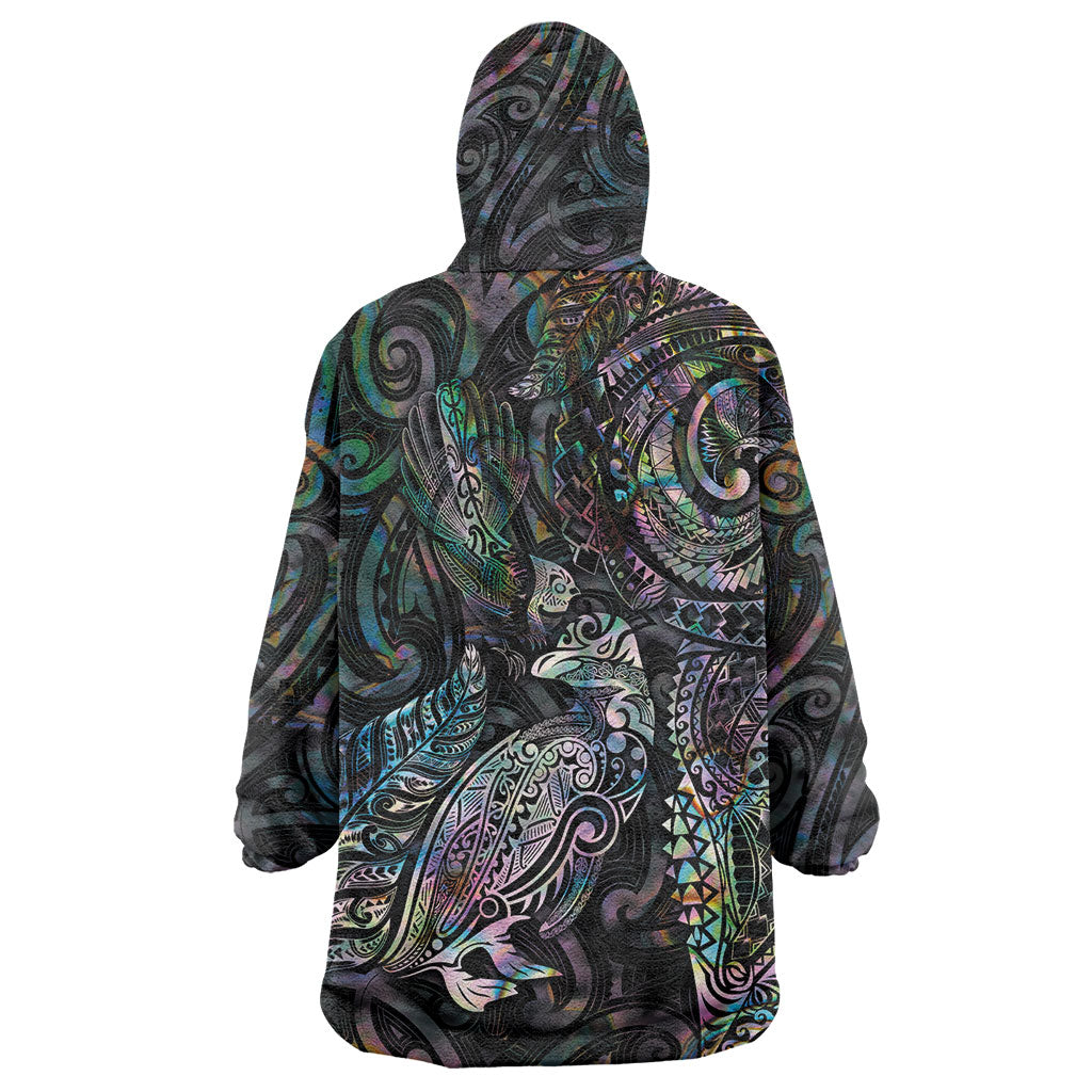 Aotearoa Moko Tribal Tattoo Wearable Blanket Hoodie New Zealand Maori Penguin and Fantail Paua Shell Style