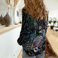 Aotearoa Moko Tribal Tattoo Women Casual Shirt New Zealand Maori Penguin and Fantail Paua Shell Style