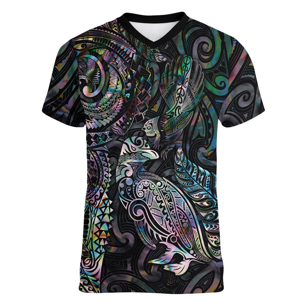 Aotearoa Moko Tribal Tattoo Women V-Neck T-Shirt New Zealand Maori Penguin and Fantail Paua Shell Style LT03 Female Multicolor - Polynesian Pride