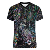 Aotearoa Moko Tribal Tattoo Women V-Neck T-Shirt New Zealand Maori Penguin and Fantail Paua Shell Style LT03 Female Multicolor - Polynesian Pride