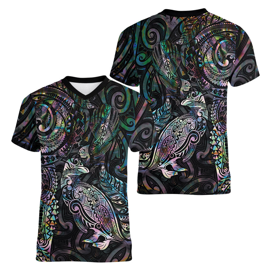 Aotearoa Moko Tribal Tattoo Women V-Neck T-Shirt New Zealand Maori Penguin and Fantail Paua Shell Style LT03 - Polynesian Pride