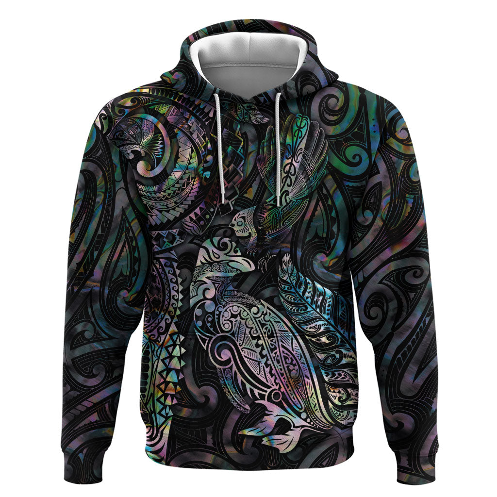 Aotearoa Moko Tribal Tattoo Zip Hoodie New Zealand Maori Penguin and Fantail Paua Shell Style LT03 Pullover Hoodie Multicolor - Polynesian Pride