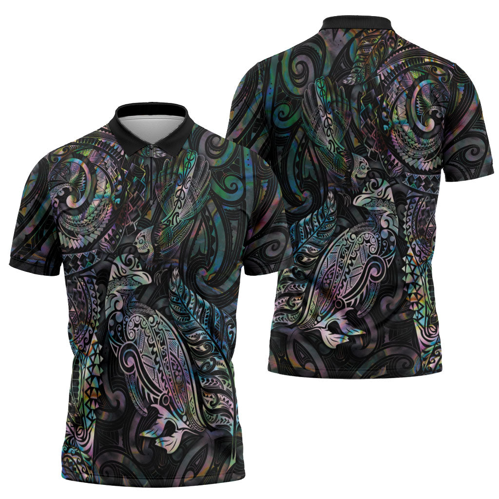 Aotearoa Moko Tribal Tattoo Zipper Polo Shirt New Zealand Maori Penguin and Fantail Paua Shell Style LT03 - Polynesian Pride