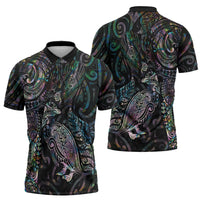 Aotearoa Moko Tribal Tattoo Zipper Polo Shirt New Zealand Maori Penguin and Fantail Paua Shell Style LT03 - Polynesian Pride