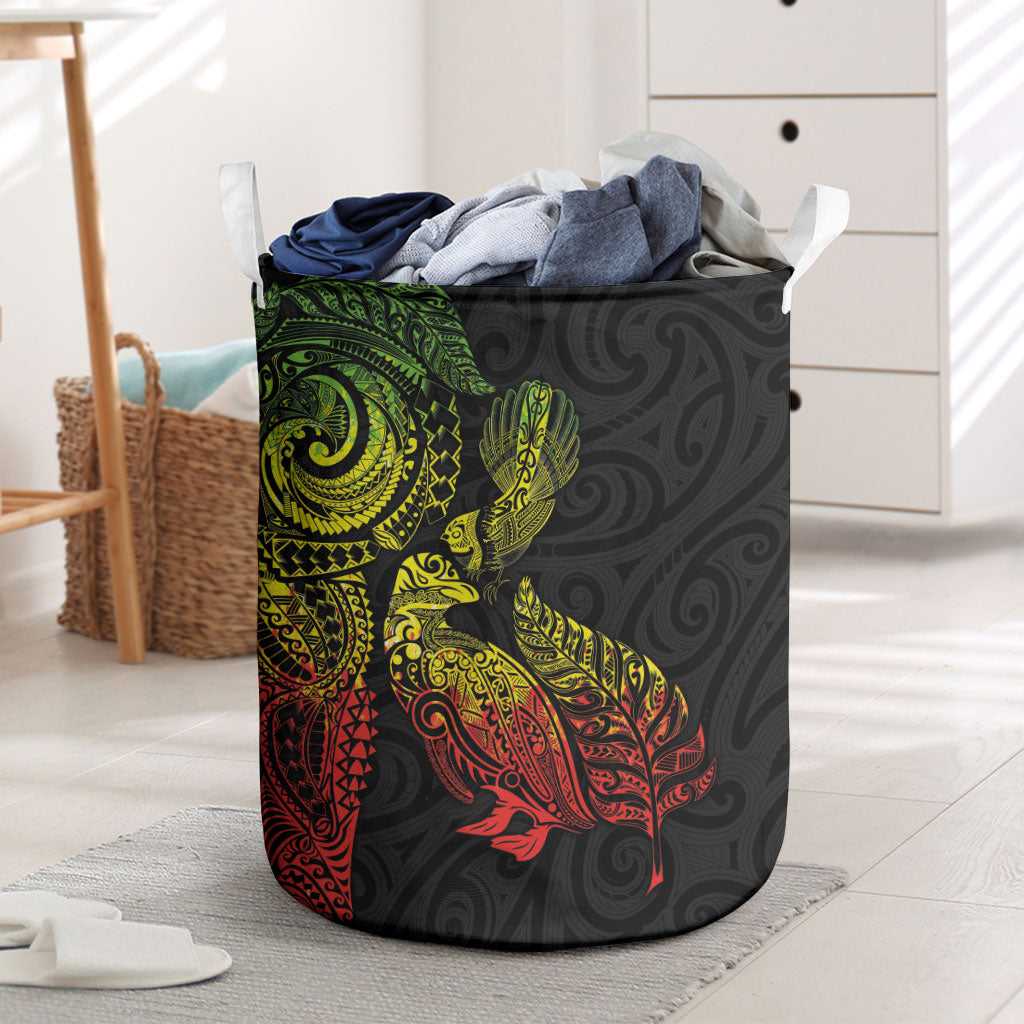 Aotearoa Moko Tribal Tattoo Laundry Basket New Zealand Maori Penguin and Fantail Reggae Style LT03 Multicolor - Polynesian Pride
