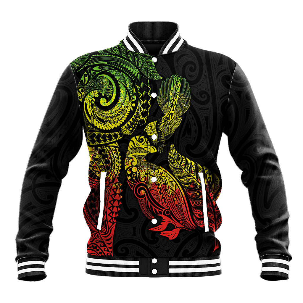 Aotearoa Moko Tribal Tattoo Baseball Jacket New Zealand Maori Penguin and Fantail Reggae Style