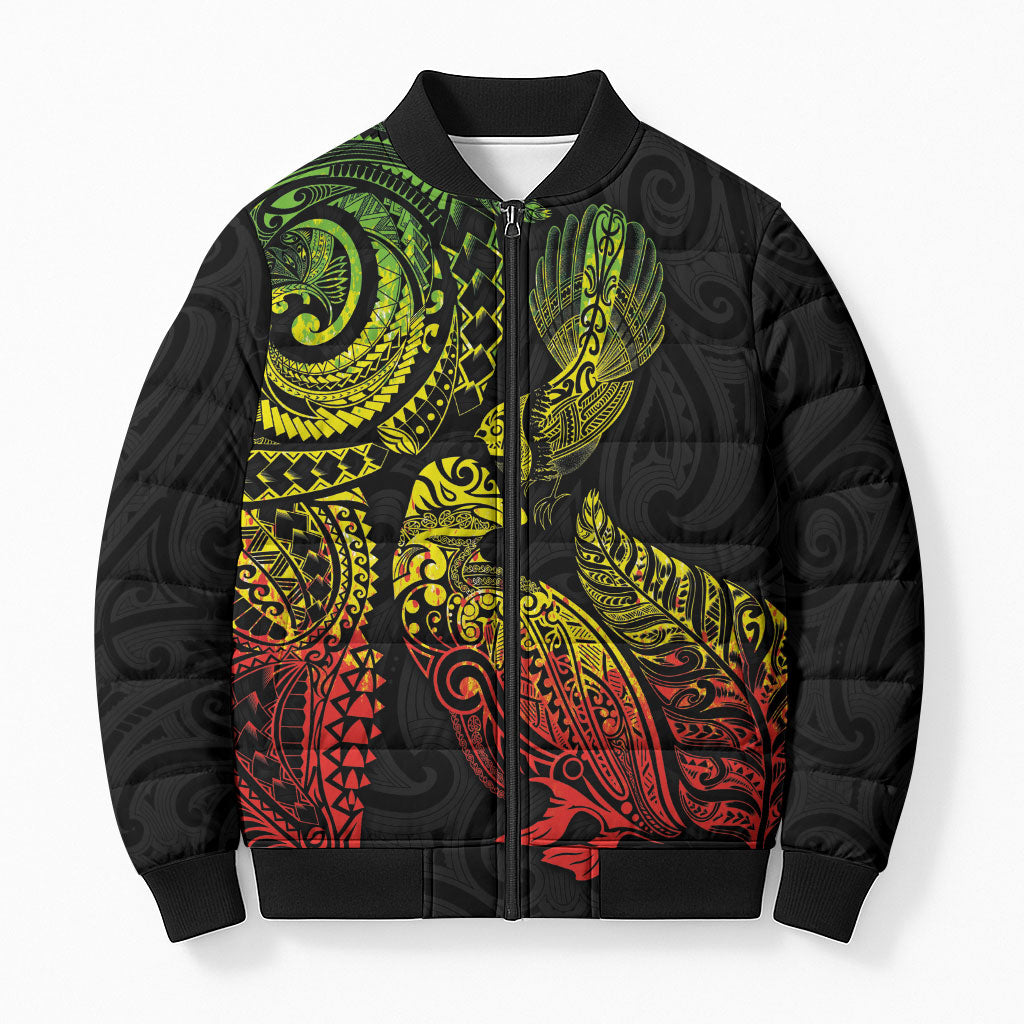 Aotearoa Moko Tribal Tattoo Bomber Puffer Jacket New Zealand Maori Penguin and Fantail Reggae Style