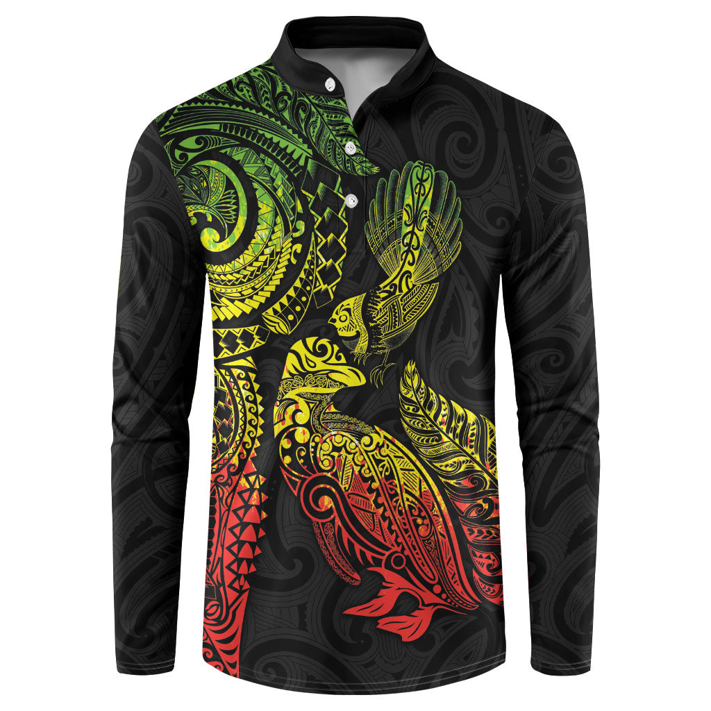 Aotearoa Moko Tribal Tattoo Button Sweatshirt New Zealand Maori Penguin and Fantail Reggae Style