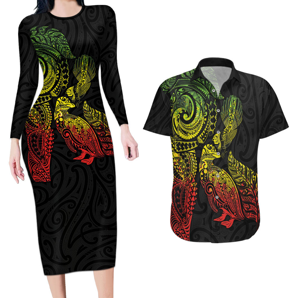 Aotearoa Moko Tribal Tattoo Couples Matching Long Sleeve Bodycon Dress and Hawaiian Shirt New Zealand Maori Penguin and Fantail Reggae Style LT03 Multicolor - Polynesian Pride