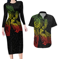 Aotearoa Moko Tribal Tattoo Couples Matching Long Sleeve Bodycon Dress and Hawaiian Shirt New Zealand Maori Penguin and Fantail Reggae Style LT03 Multicolor - Polynesian Pride