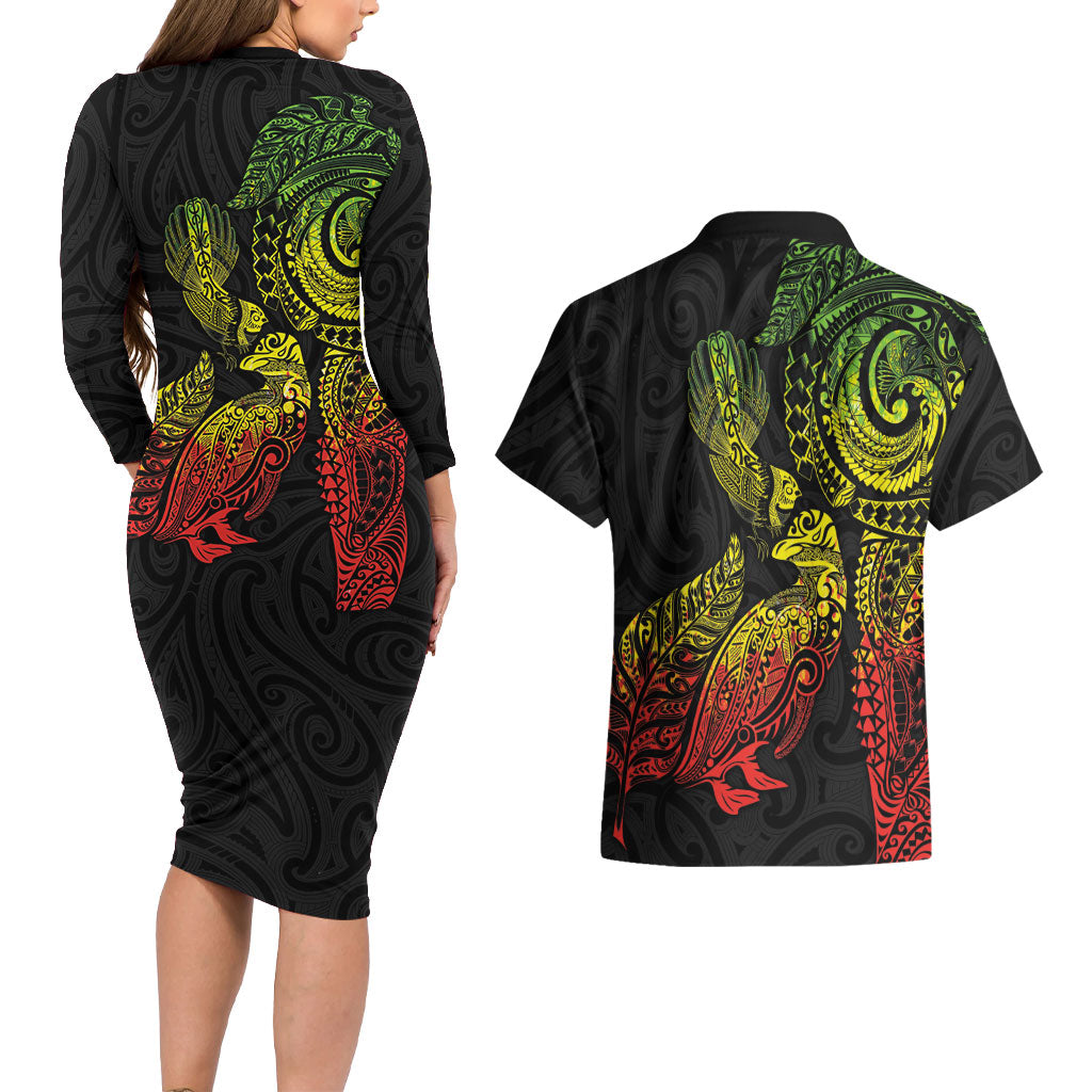 Aotearoa Moko Tribal Tattoo Couples Matching Long Sleeve Bodycon Dress and Hawaiian Shirt New Zealand Maori Penguin and Fantail Reggae Style LT03 - Polynesian Pride