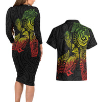 Aotearoa Moko Tribal Tattoo Couples Matching Long Sleeve Bodycon Dress and Hawaiian Shirt New Zealand Maori Penguin and Fantail Reggae Style LT03 - Polynesian Pride