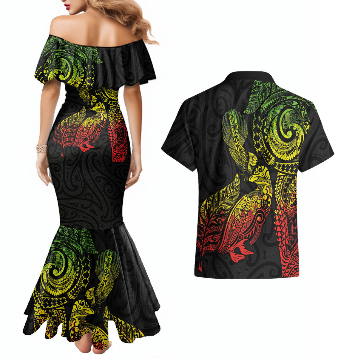 Aotearoa Moko Tribal Tattoo Couples Matching Mermaid Dress and Hawaiian Shirt New Zealand Maori Penguin and Fantail Reggae Style LT03 - Polynesian Pride