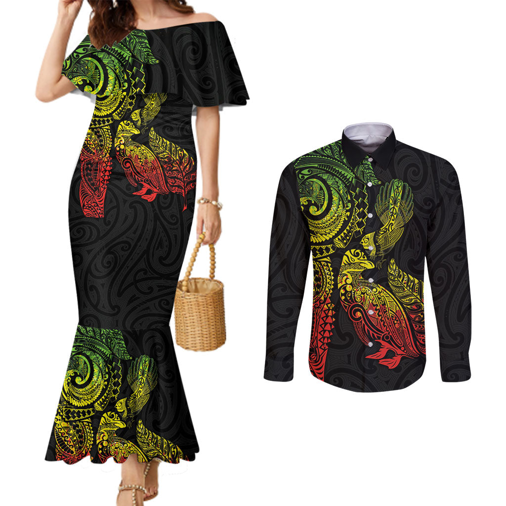 Aotearoa Moko Tribal Tattoo Couples Matching Mermaid Dress and Long Sleeve Button Shirt New Zealand Maori Penguin and Fantail Reggae Style