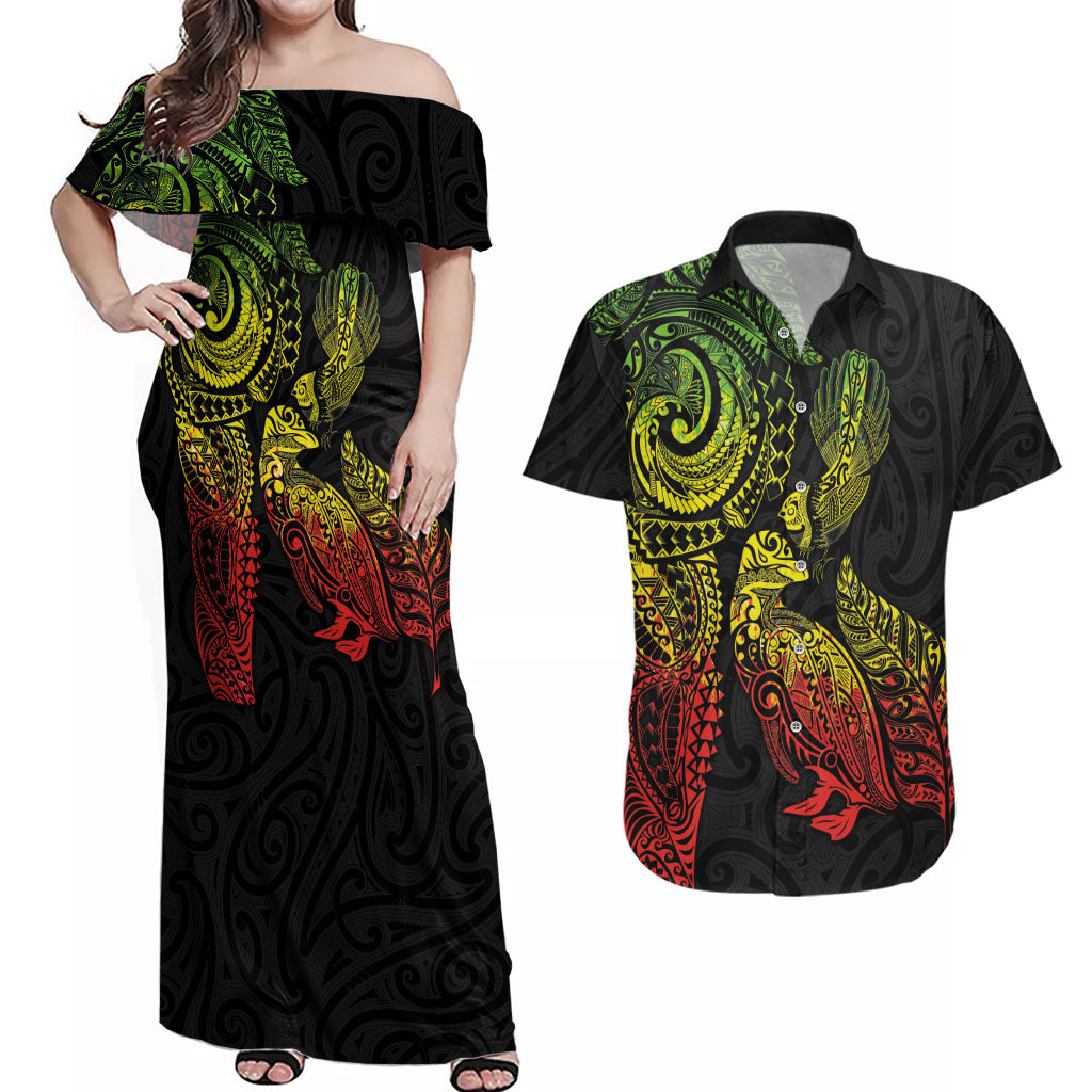 Aotearoa Moko Tribal Tattoo Couples Matching Off Shoulder Maxi Dress and Hawaiian Shirt New Zealand Maori Penguin and Fantail Reggae Style