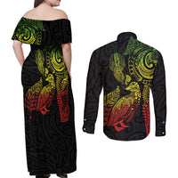 Aotearoa Moko Tribal Tattoo Couples Matching Off Shoulder Maxi Dress and Long Sleeve Button Shirt New Zealand Maori Penguin and Fantail Reggae Style LT03 - Polynesian Pride