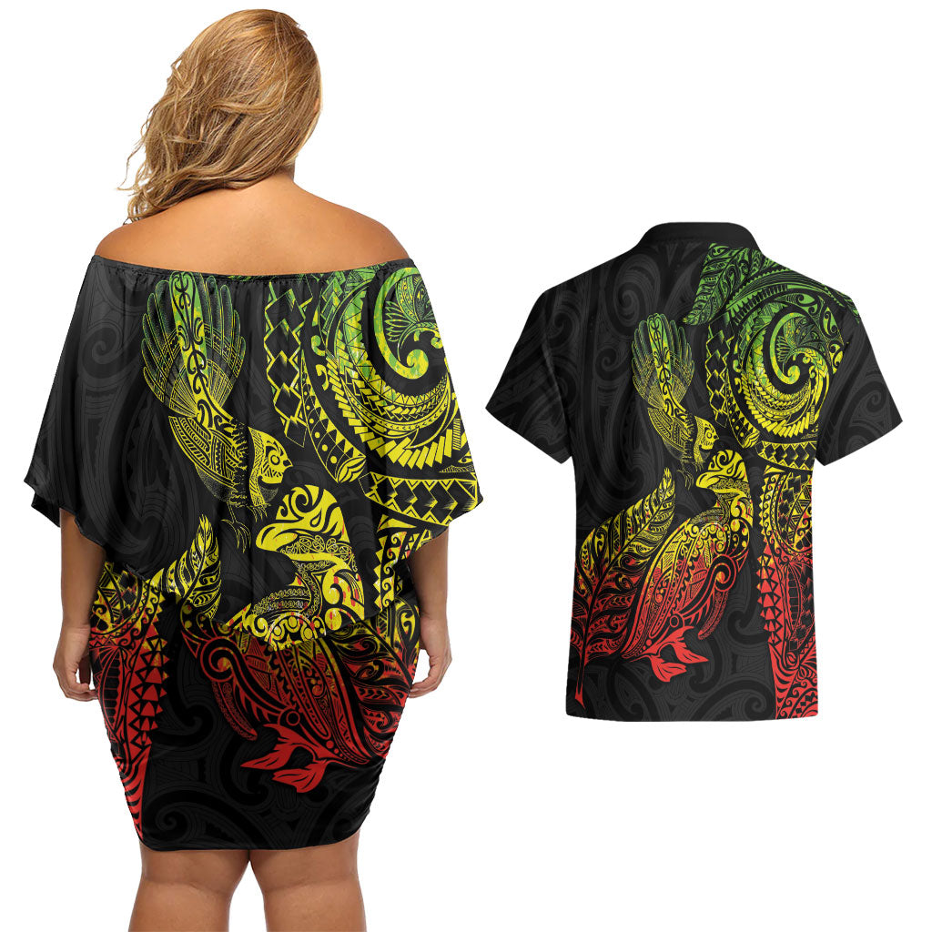 Aotearoa Moko Tribal Tattoo Couples Matching Off Shoulder Short Dress and Hawaiian Shirt New Zealand Maori Penguin and Fantail Reggae Style LT03 - Polynesian Pride