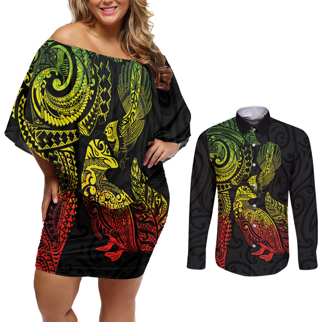 Aotearoa Moko Tribal Tattoo Couples Matching Off Shoulder Short Dress and Long Sleeve Button Shirt New Zealand Maori Penguin and Fantail Reggae Style