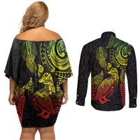 Aotearoa Moko Tribal Tattoo Couples Matching Off Shoulder Short Dress and Long Sleeve Button Shirt New Zealand Maori Penguin and Fantail Reggae Style LT03 - Polynesian Pride