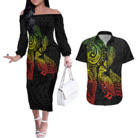 Aotearoa Moko Tribal Tattoo Couples Matching Off The Shoulder Long Sleeve Dress and Hawaiian Shirt New Zealand Maori Penguin and Fantail Reggae Style LT03 Multicolor - Polynesian Pride