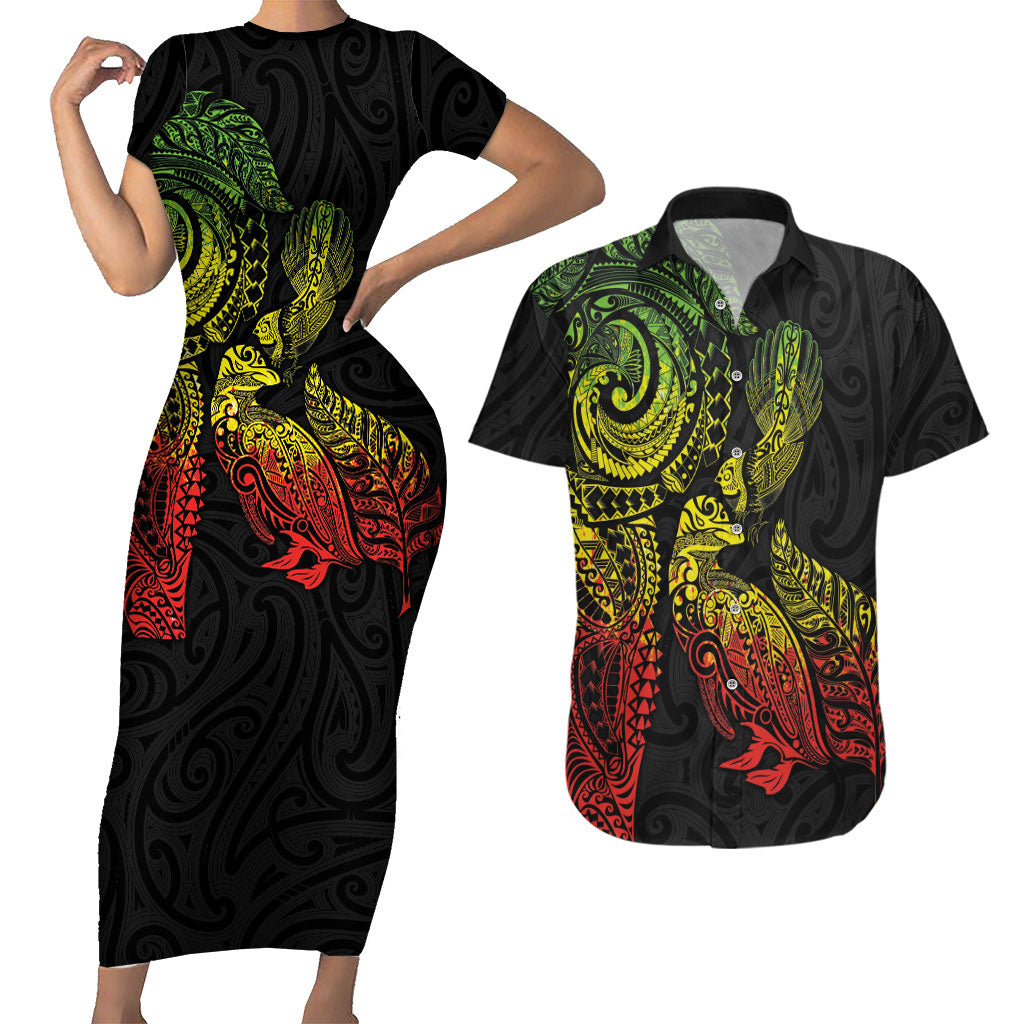 Aotearoa Moko Tribal Tattoo Couples Matching Short Sleeve Bodycon Dress and Hawaiian Shirt New Zealand Maori Penguin and Fantail Reggae Style LT03 Multicolor - Polynesian Pride