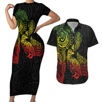 Aotearoa Moko Tribal Tattoo Couples Matching Short Sleeve Bodycon Dress and Hawaiian Shirt New Zealand Maori Penguin and Fantail Reggae Style LT03 Multicolor - Polynesian Pride