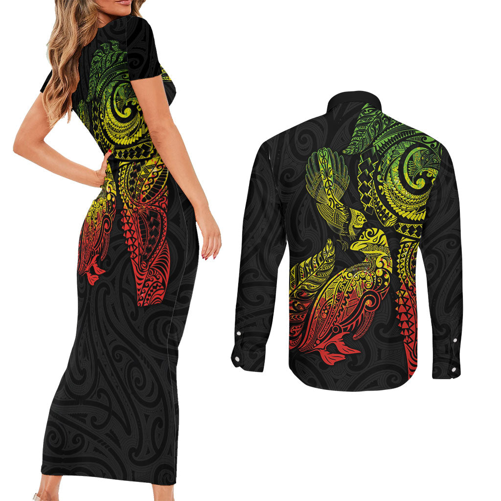 Aotearoa Moko Tribal Tattoo Couples Matching Short Sleeve Bodycon Dress and Long Sleeve Button Shirt New Zealand Maori Penguin and Fantail Reggae Style LT03 - Polynesian Pride