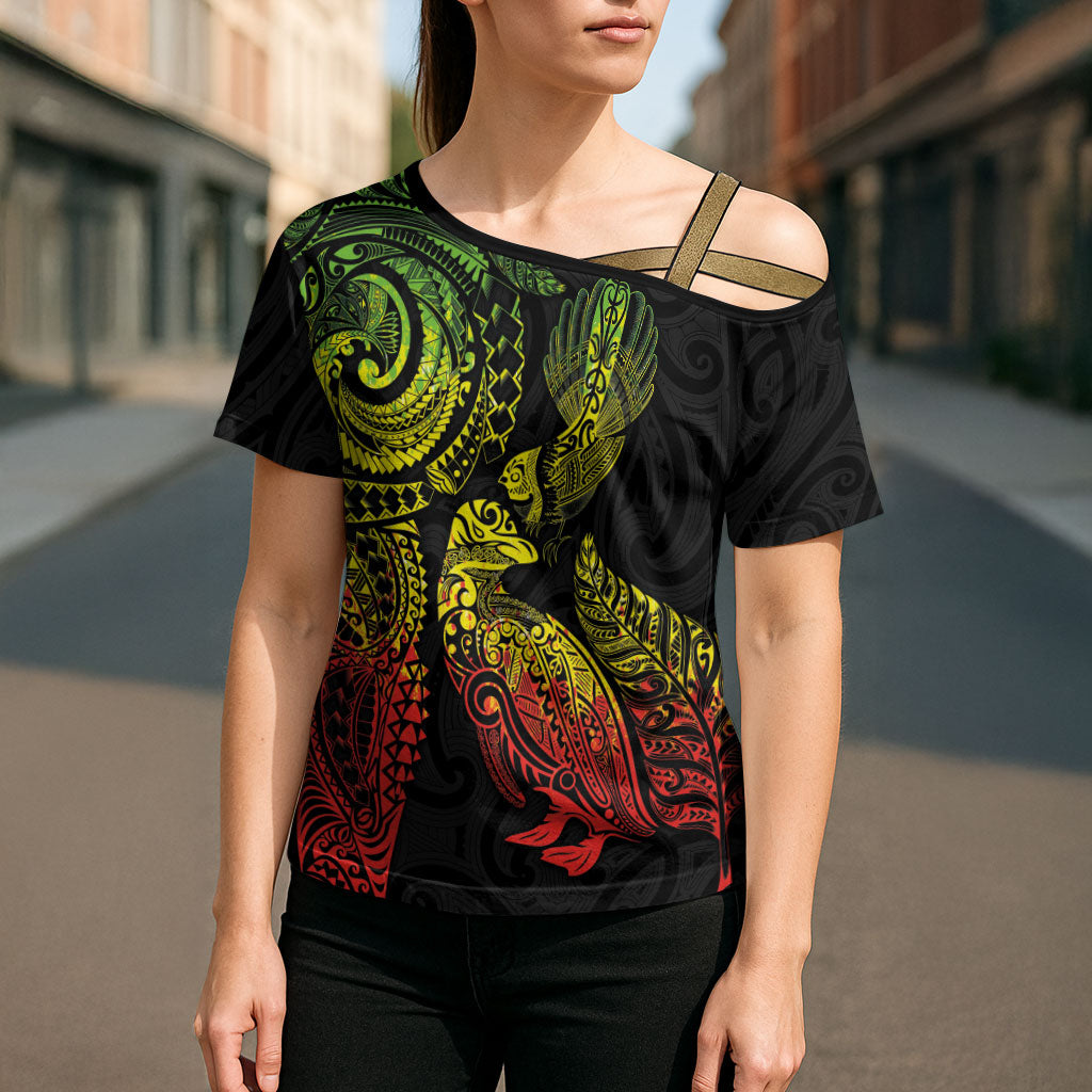 Aotearoa Moko Tribal Tattoo Cross Shoulder Shirt New Zealand Maori Penguin and Fantail Reggae Style LT03 - Polynesian Pride