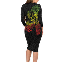 Aotearoa Moko Tribal Tattoo Family Matching Long Sleeve Bodycon Dress and Hawaiian Shirt New Zealand Maori Penguin and Fantail Reggae Style LT03 - Polynesian Pride