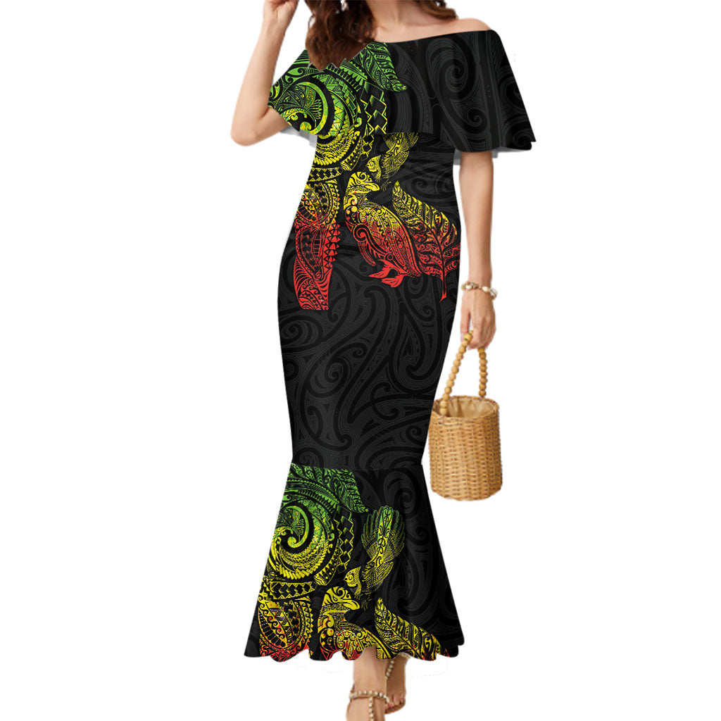 Aotearoa Moko Tribal Tattoo Family Matching Mermaid Dress and Hawaiian Shirt New Zealand Maori Penguin and Fantail Reggae Style LT03 Mom's Dress Multicolor - Polynesian Pride