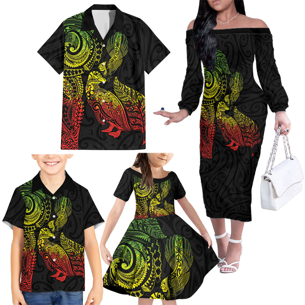 Aotearoa Moko Tribal Tattoo Family Matching Off The Shoulder Long Sleeve Dress and Hawaiian Shirt New Zealand Maori Penguin and Fantail Reggae Style LT03 - Polynesian Pride